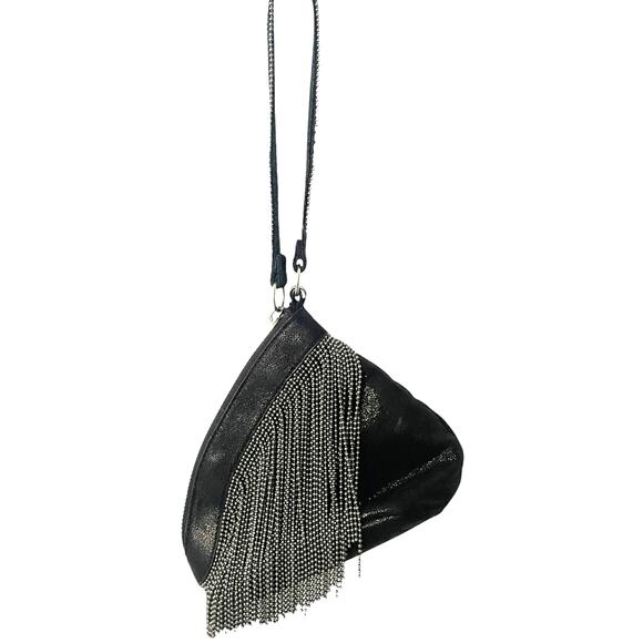 HOBO Black Leather Chain Fringe Wristlet Small Exquisite Evening Bag Mini Purse - Picture 1 of 9
